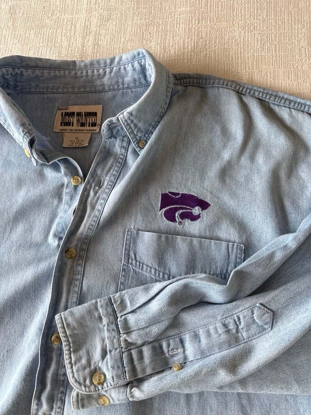 Vintage Most Wanted Kansas State Wildcats Denim Button Down Shirt XL